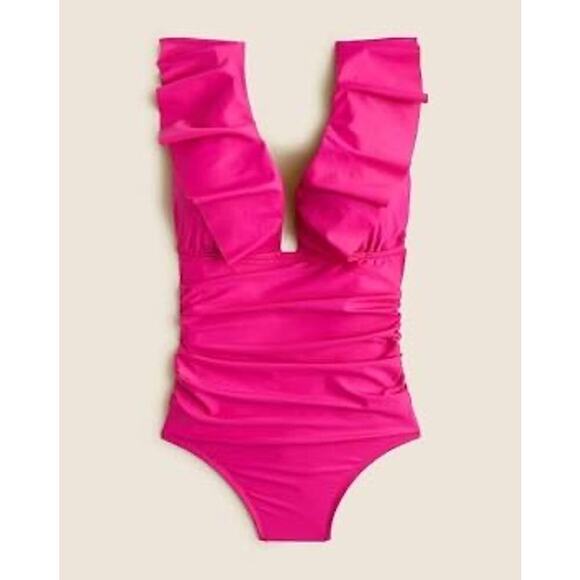 NEW J. Crew Women’s Size 12 Ruched Ruffle One-Piece Swimsuit Radiant Fuchsia NWT - Picture 1 of 4